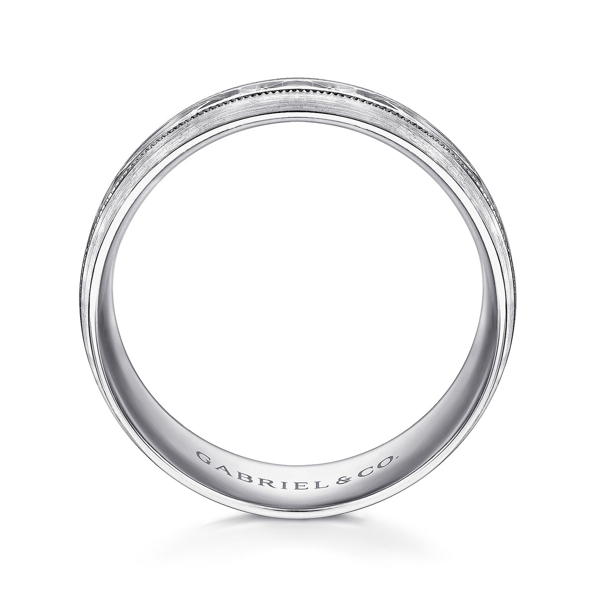 14K White Gold 8mm - Engraved Men&#39;s Wedding Band in Satin Finish