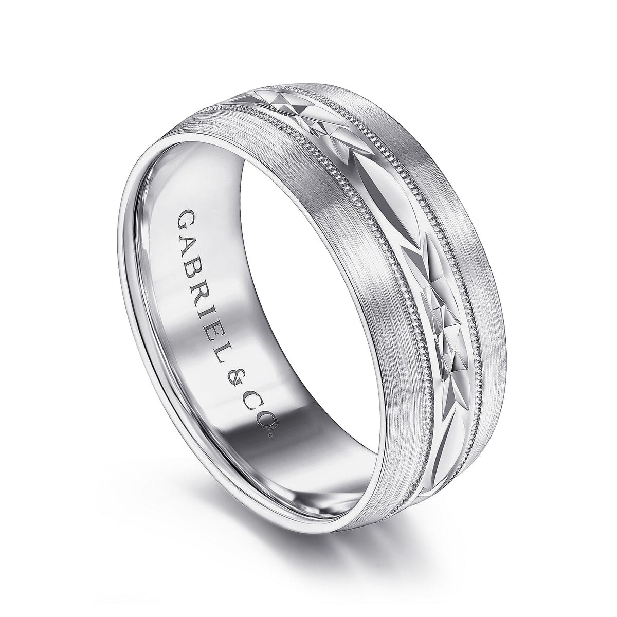 14K White Gold 8mm - Engraved Men&#39;s Wedding Band in Satin Finish