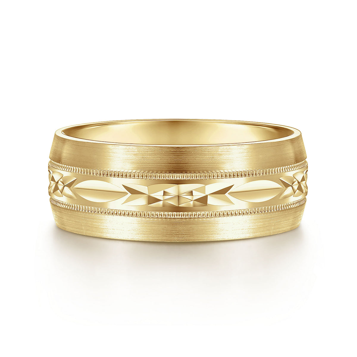 14K Yellow Gold 8mm - Engraved Men&#39;s Wedding Band in Satin Finish
