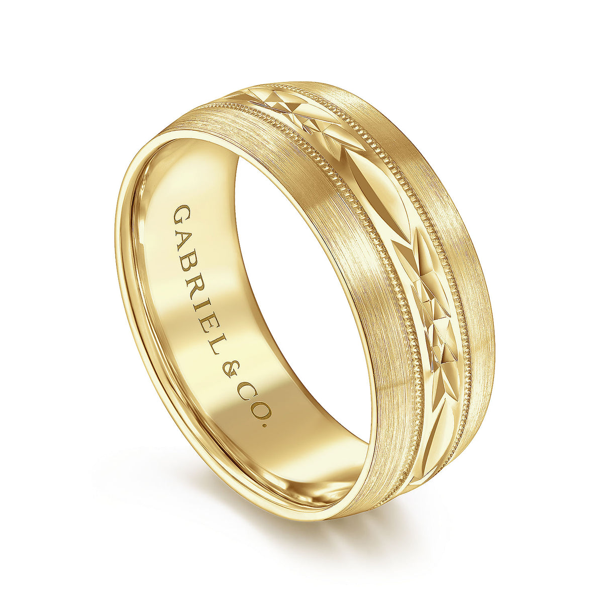 14K Yellow Gold 8mm - Engraved Men&#39;s Wedding Band in Satin Finish