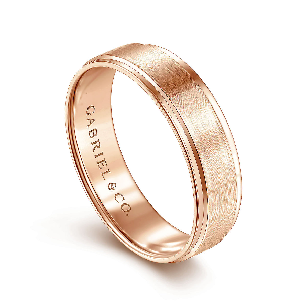 14K Rose Gold 6mm - Beveled Edge Men&#39;s Wedding Band in Satin Finish