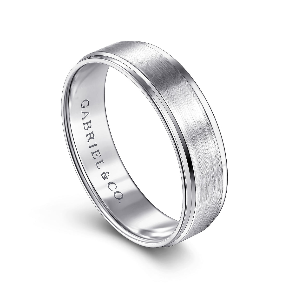 14K White Gold 6mm - Beveled Edge Men&#39;s Wedding Band in Satin Finish
