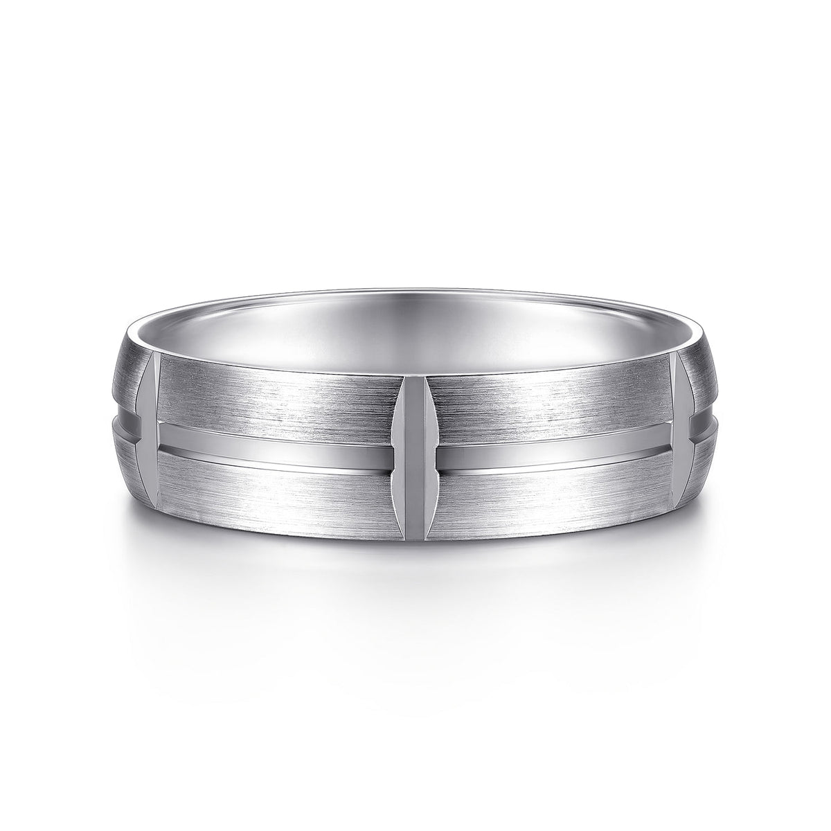 14K White Gold 6mm - Carved Station Men&#39;s Wedding Band in Satin Finish