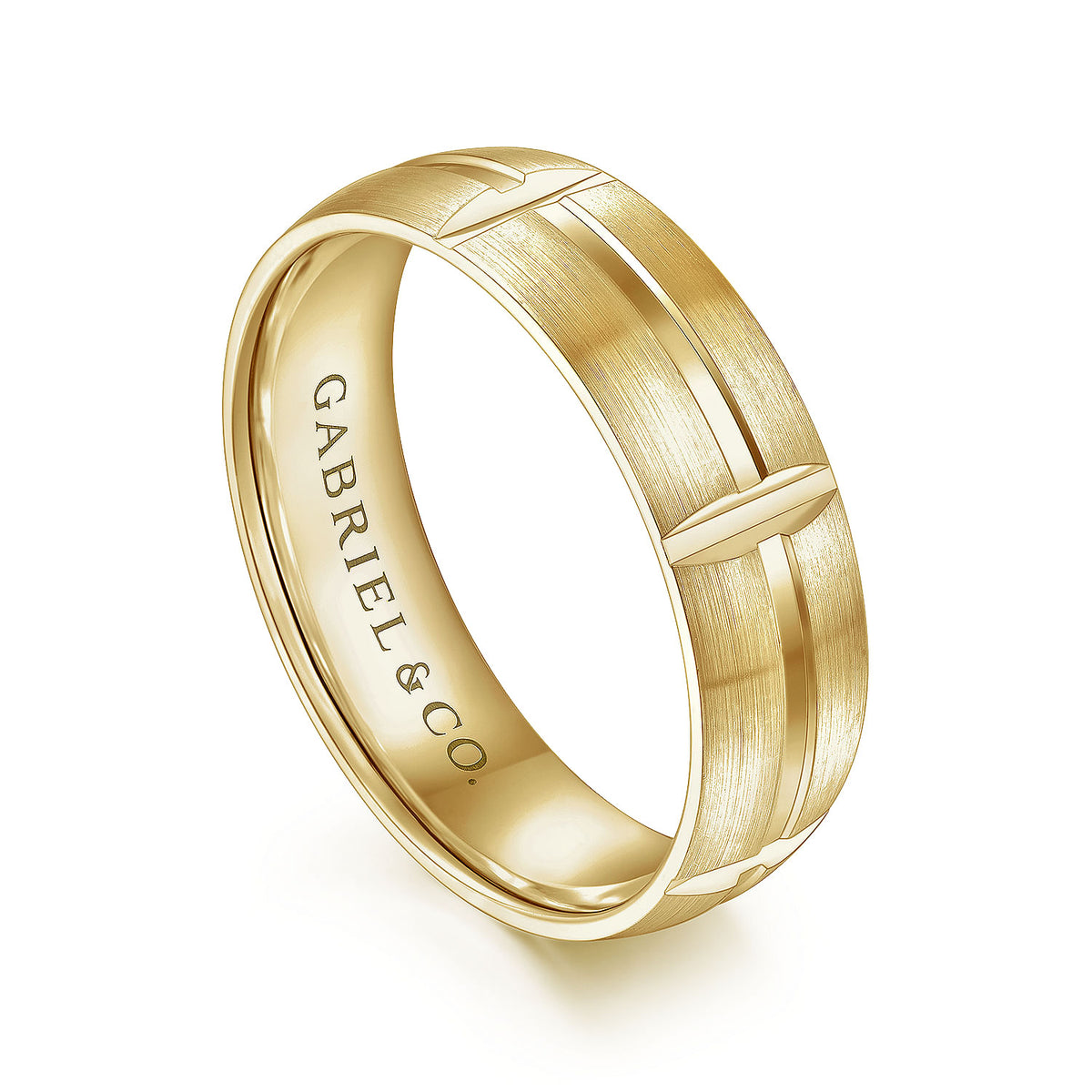 14K Yellow Gold 6mm - Carved Station Men&#39;s Wedding Band in Satin Finish