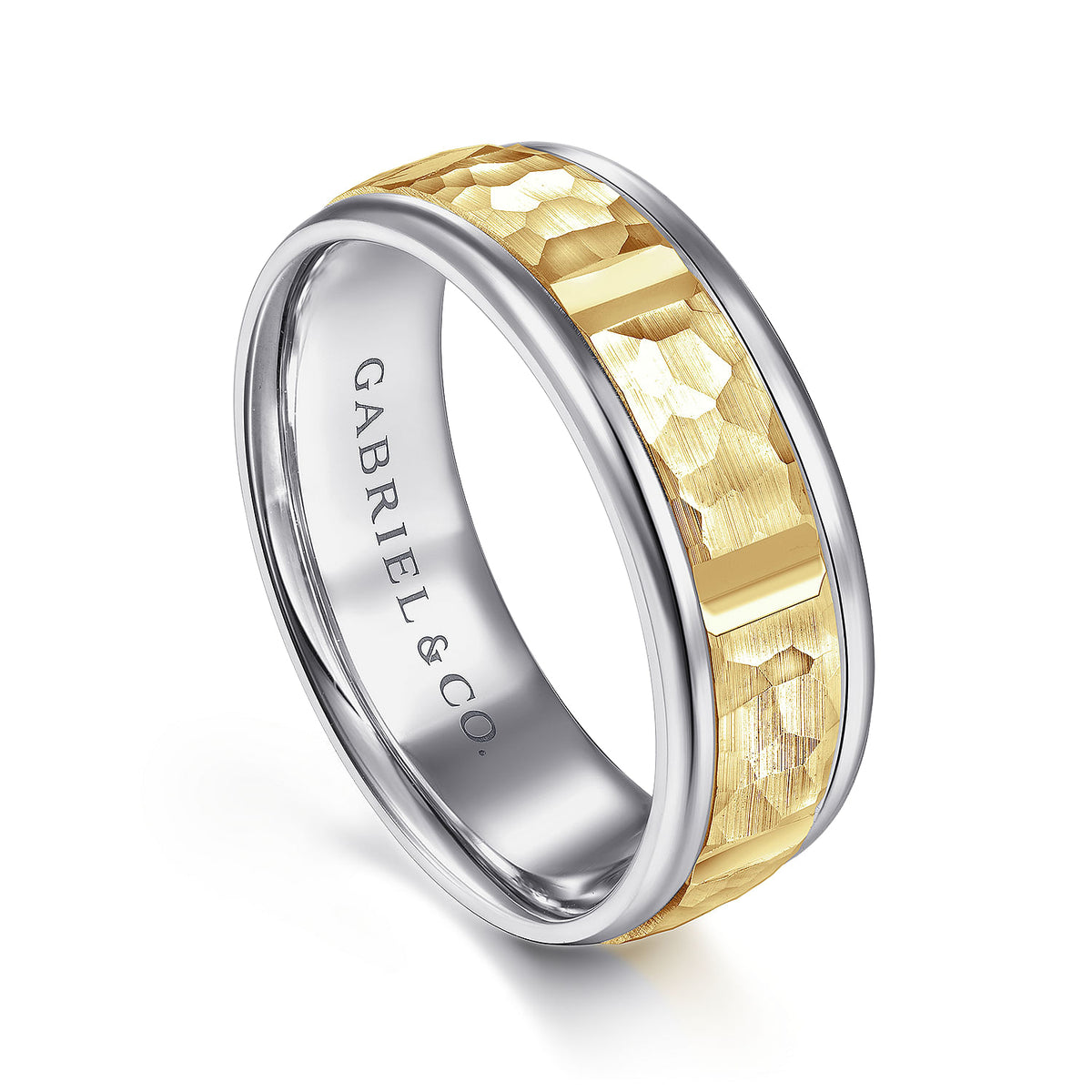 14K White-Yellow Gold 7mm - Hammered Station Men&#39;s Wedding Band