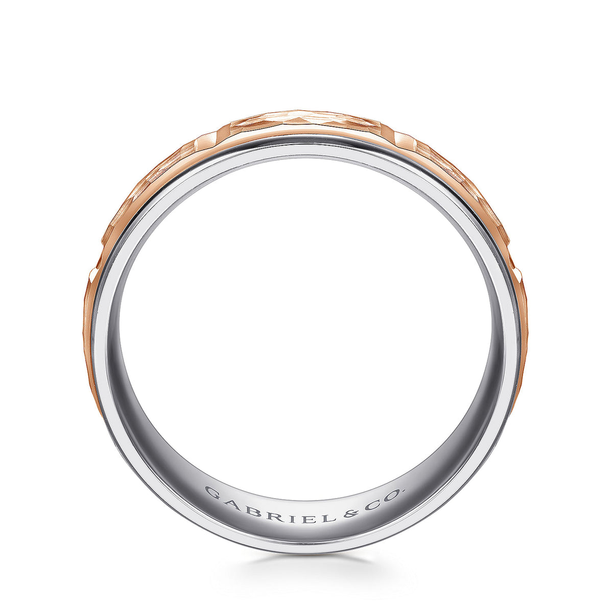 14K White-Rose Gold 7mm - Hammered Station Men&#39;s Wedding Band