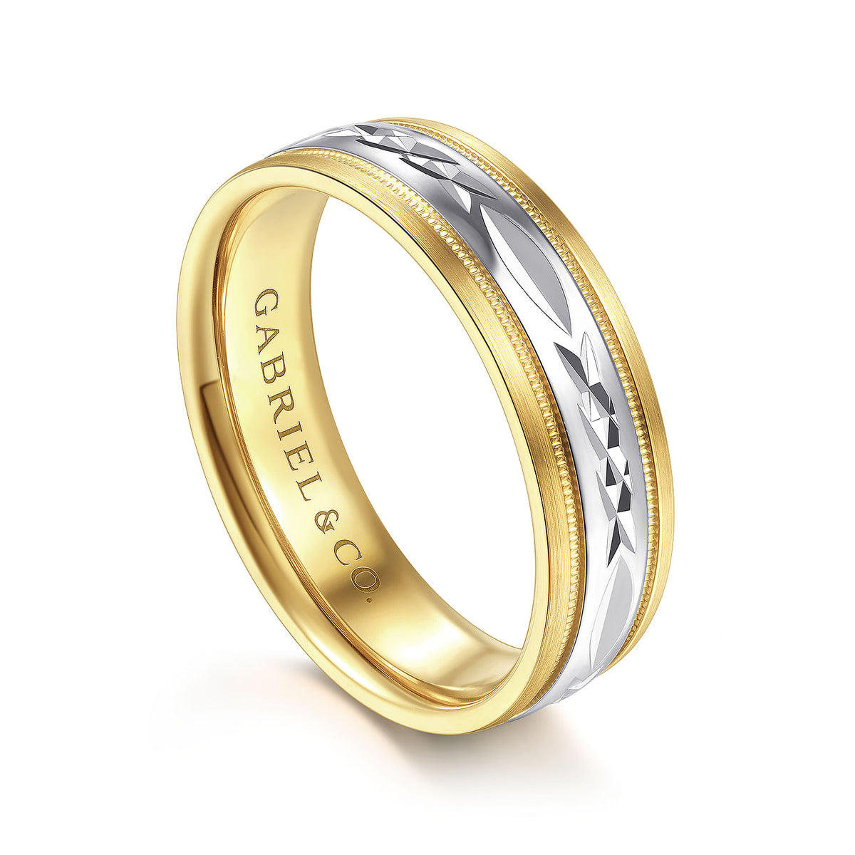 14K White-Yellow 6mm - Engraved Men&#39;s Wedding Band in Satin Finish