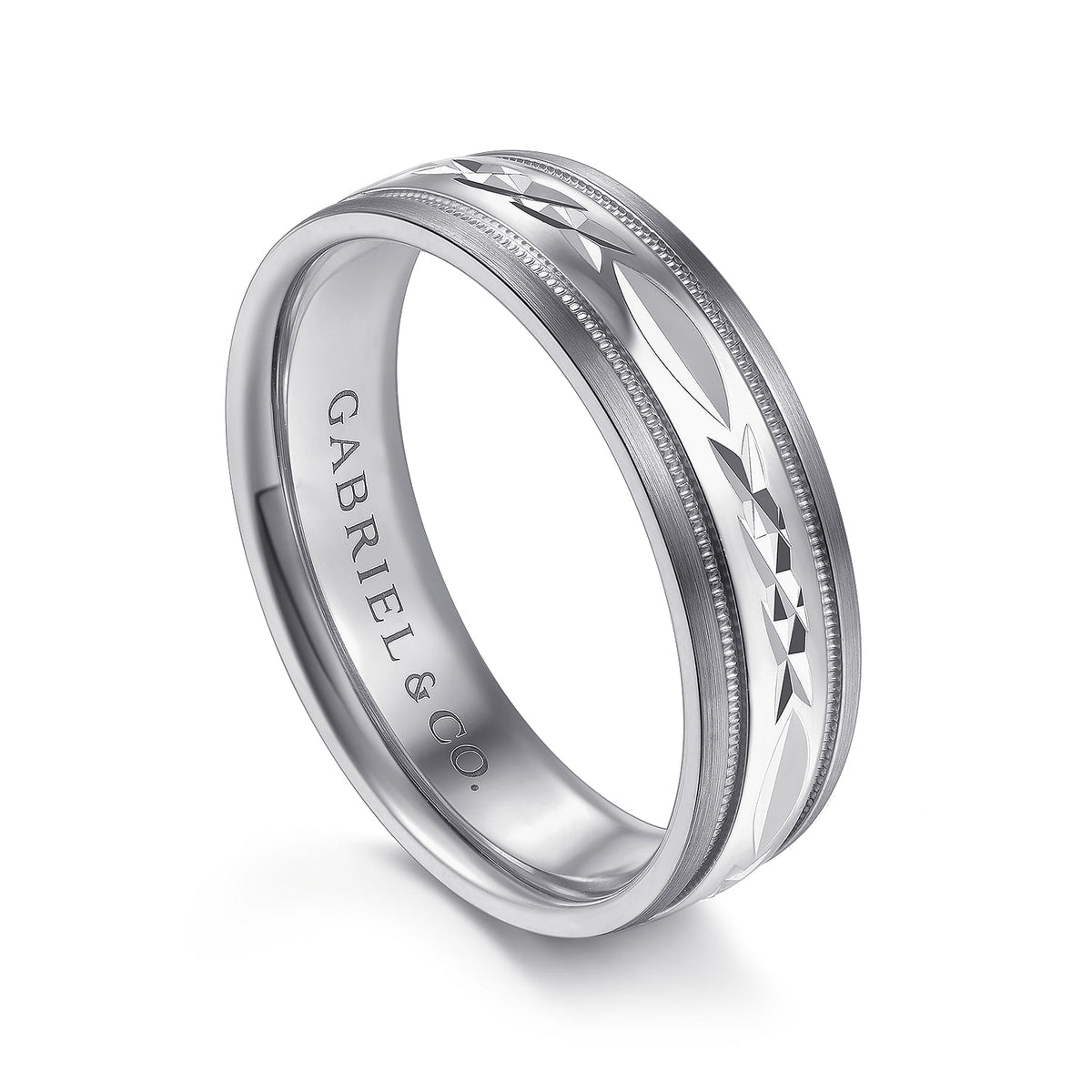 14K White 6mm - Engraved Men&#39;s Wedding Band in Satin Finish