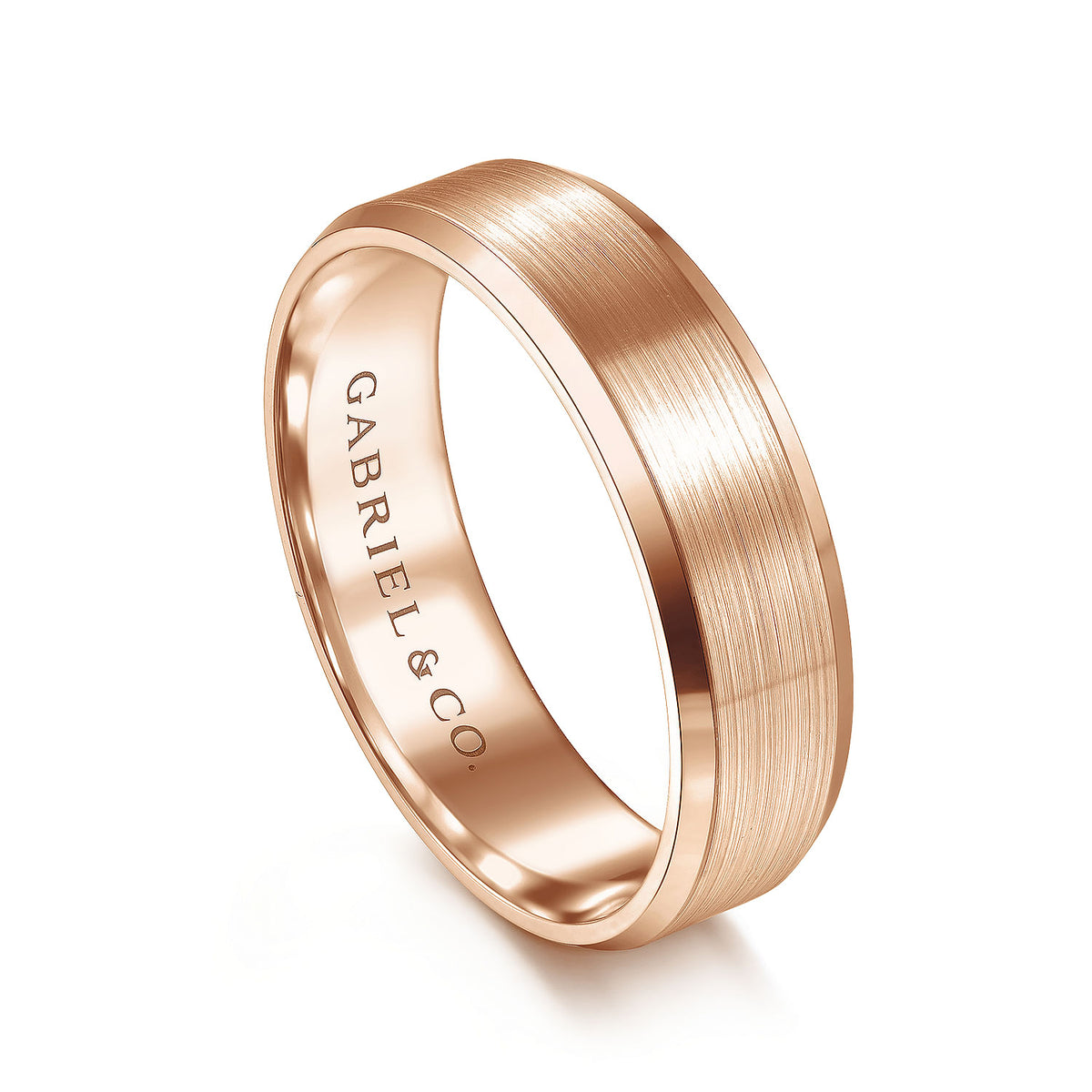 14K Rose Gold 6mm - Satin Finish Men&#39;s Wedding Band with Beveled Edge