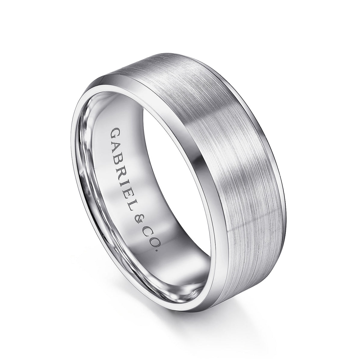 14K White Gold 8mm - Satin Finish Men&#39;s Wedding Band with Beveled Edge