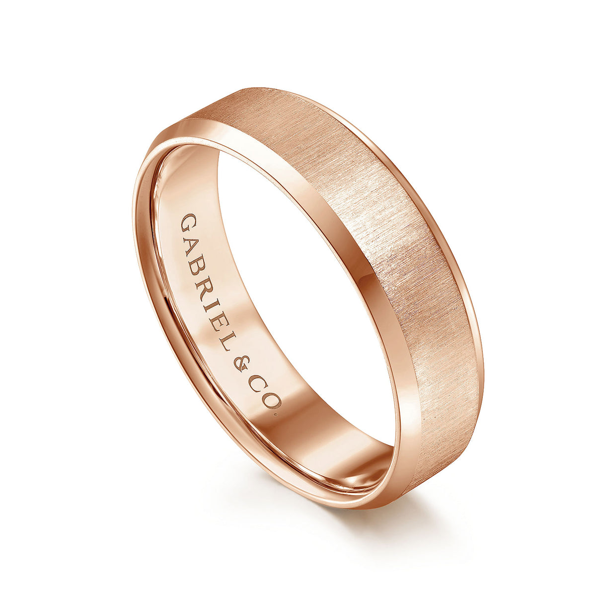 14K Rose Gold 6mm - Beveled Edge Satin Finish Men&#39;s Wedding Band