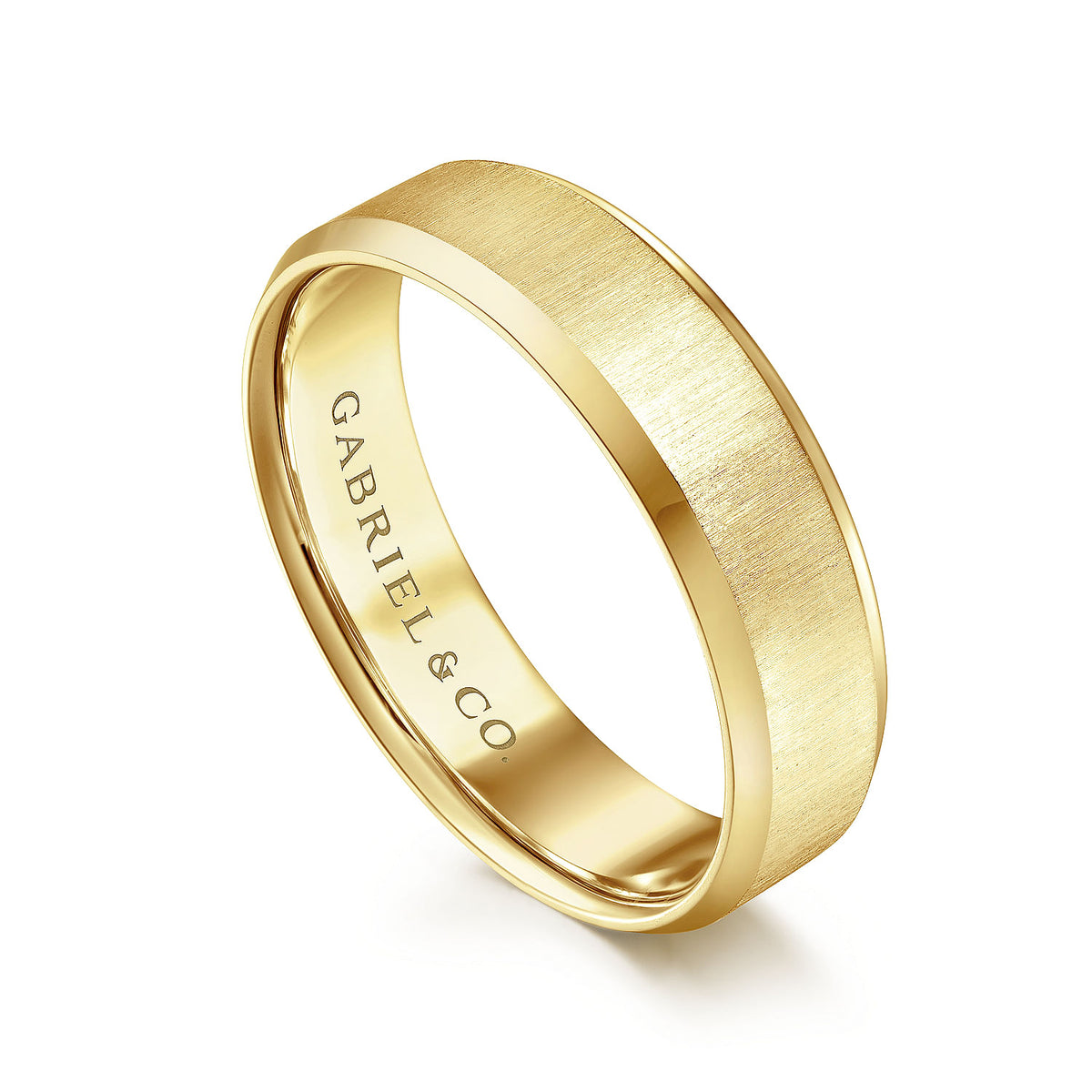 14K Yellow Gold 6mm - Beveled Edge Satin Finish Men&#39;s Wedding Band