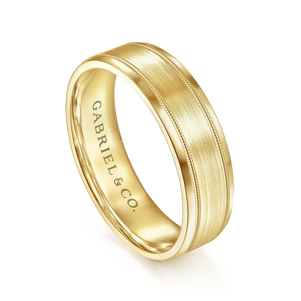14K Yellow Gold 6mm - Satin Polish Center and Milgrain Edge Men&#39;s Wedding Band