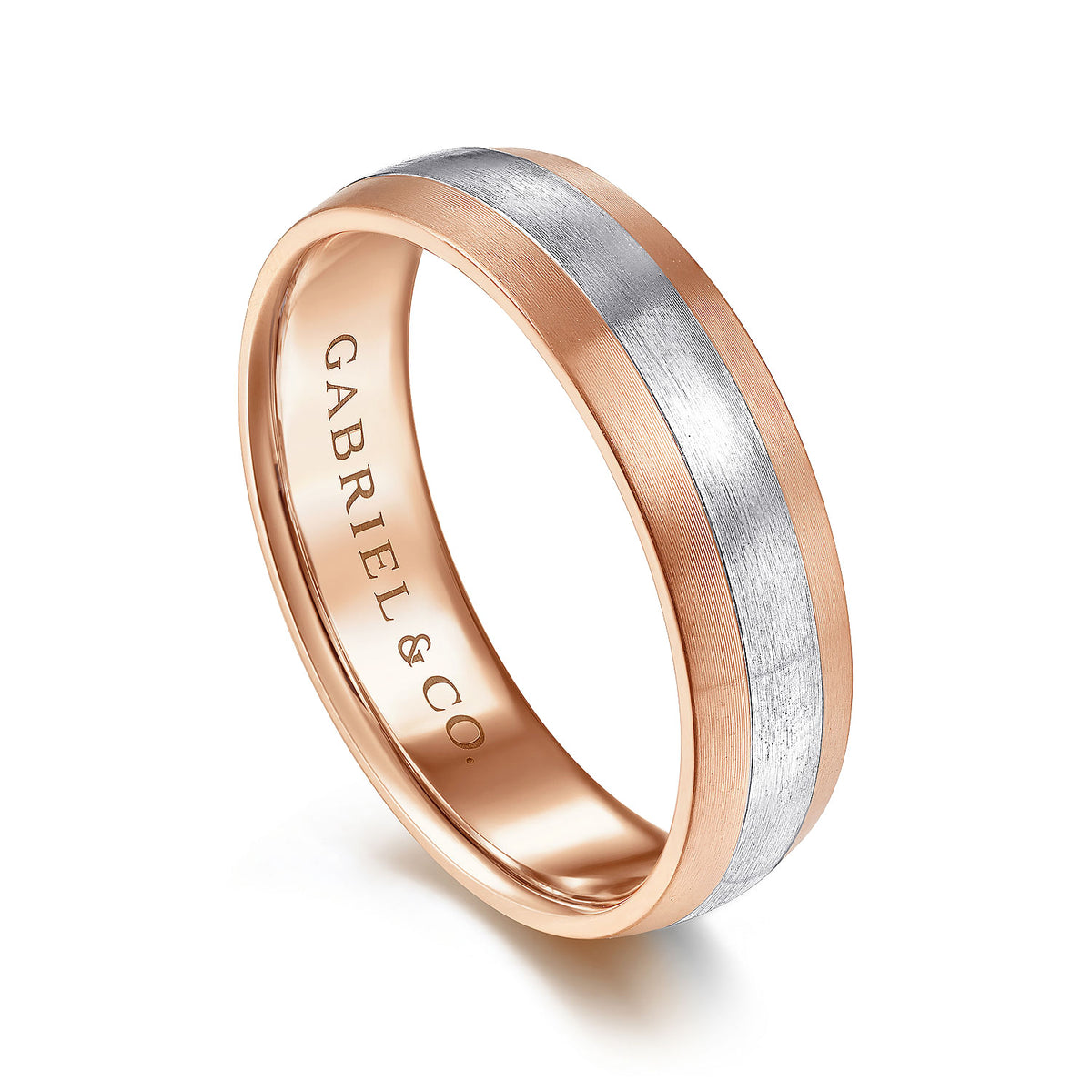 14K White-Rose Gold 6mm - Two Tone Men&#39;s Wedding Band in Satin Finish