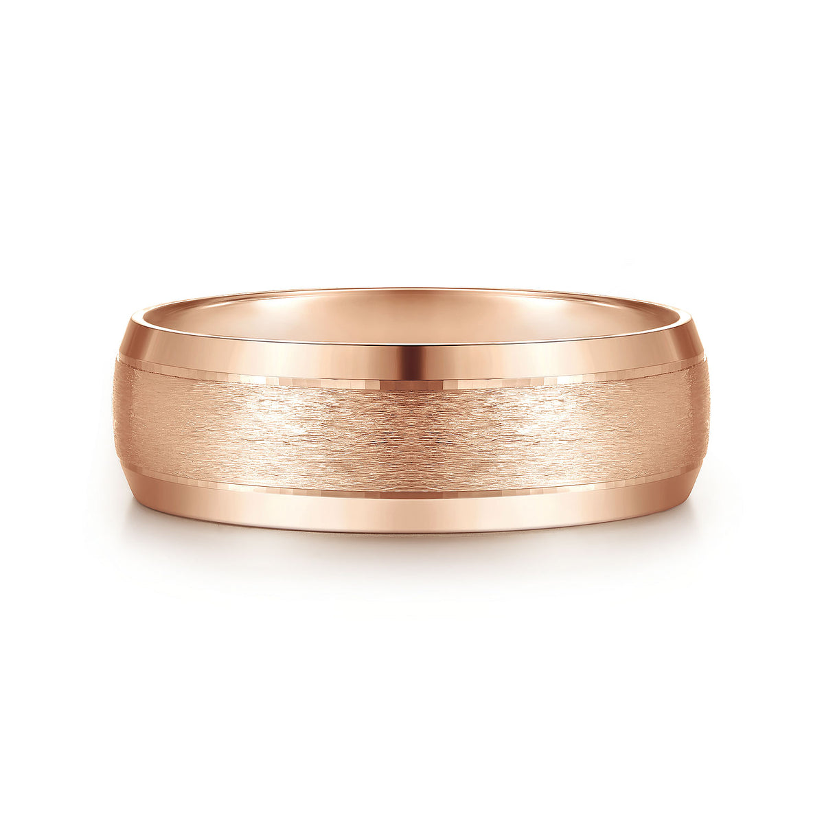 14K Rose Gold 7mm - Beveled Edge Men&#39;s Wedding Band in Horizontal Brush Finish