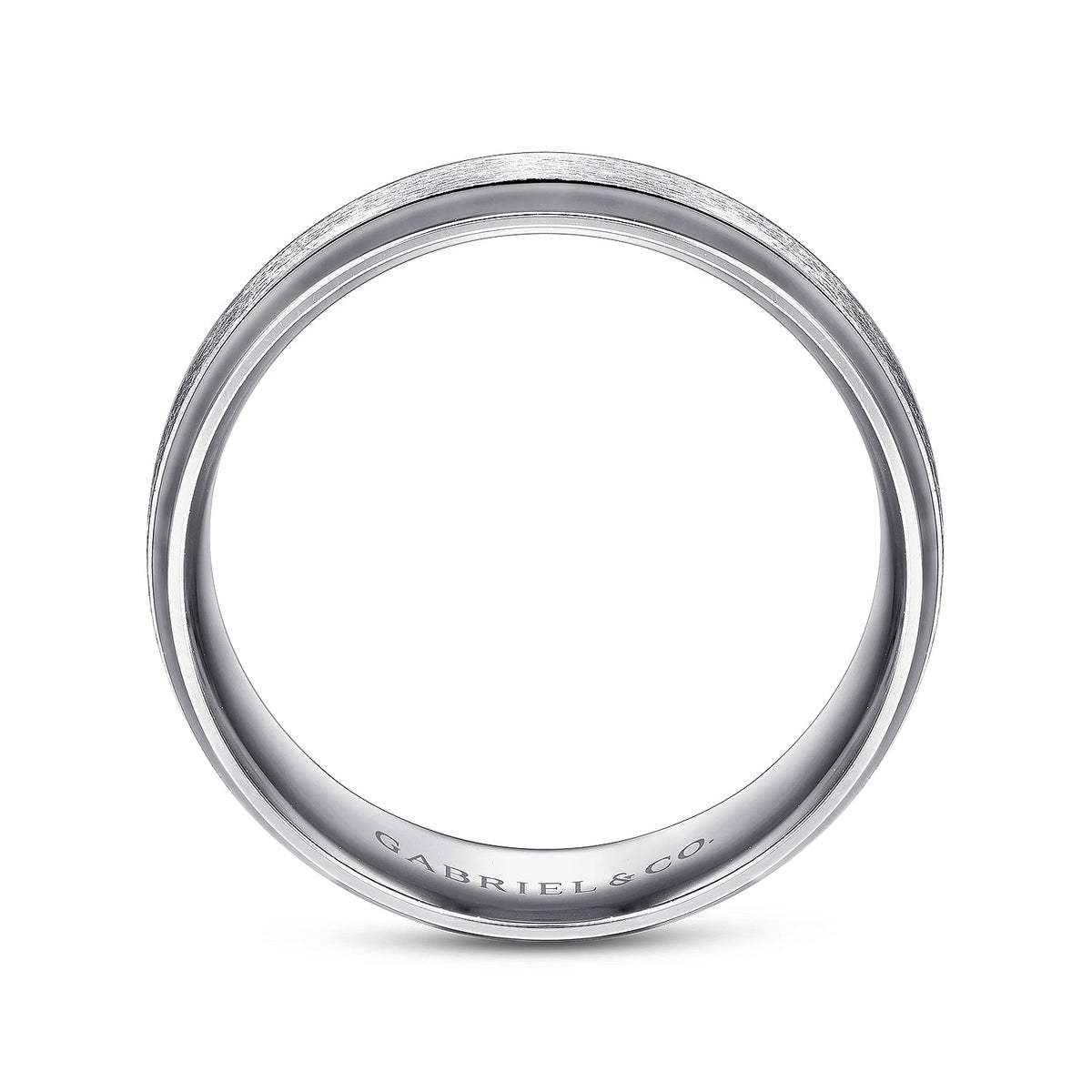 14K White Gold 7mm - Beveled Edge Men&#39;s Wedding Band in Horizontal Brush Finish