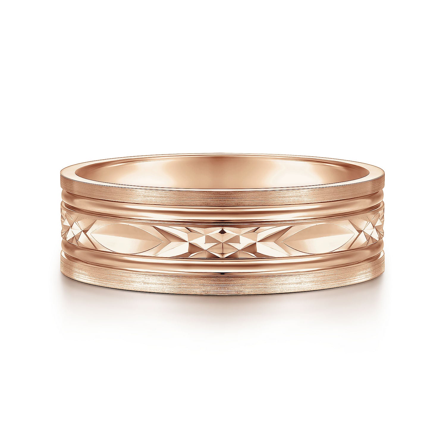 14K Rose Gold 7mm - Diamond Cut Center Men's Wedding Band in Satin Finish