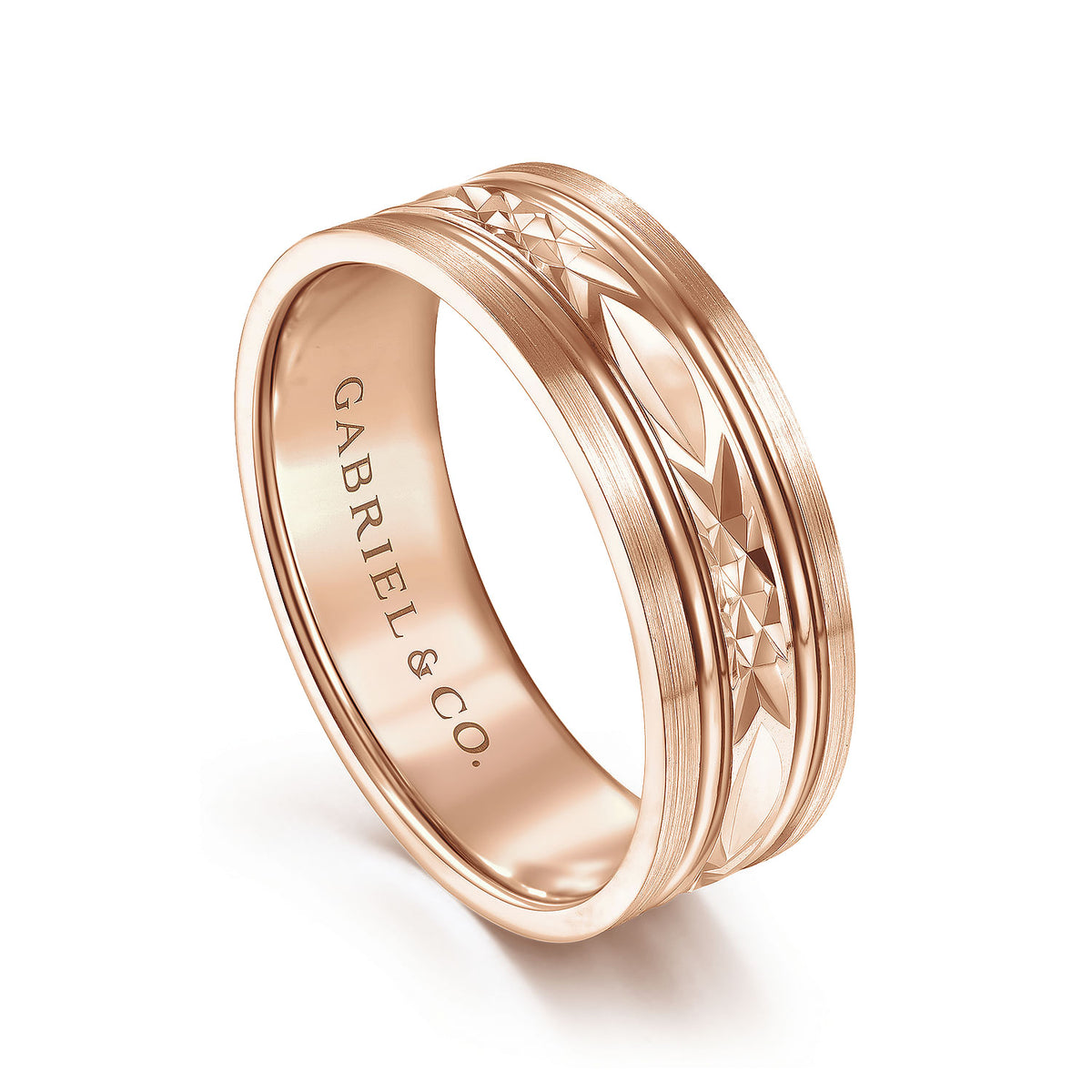 14K Rose Gold 7mm - Diamond Cut Center Men&#39;s Wedding Band in Satin Finish