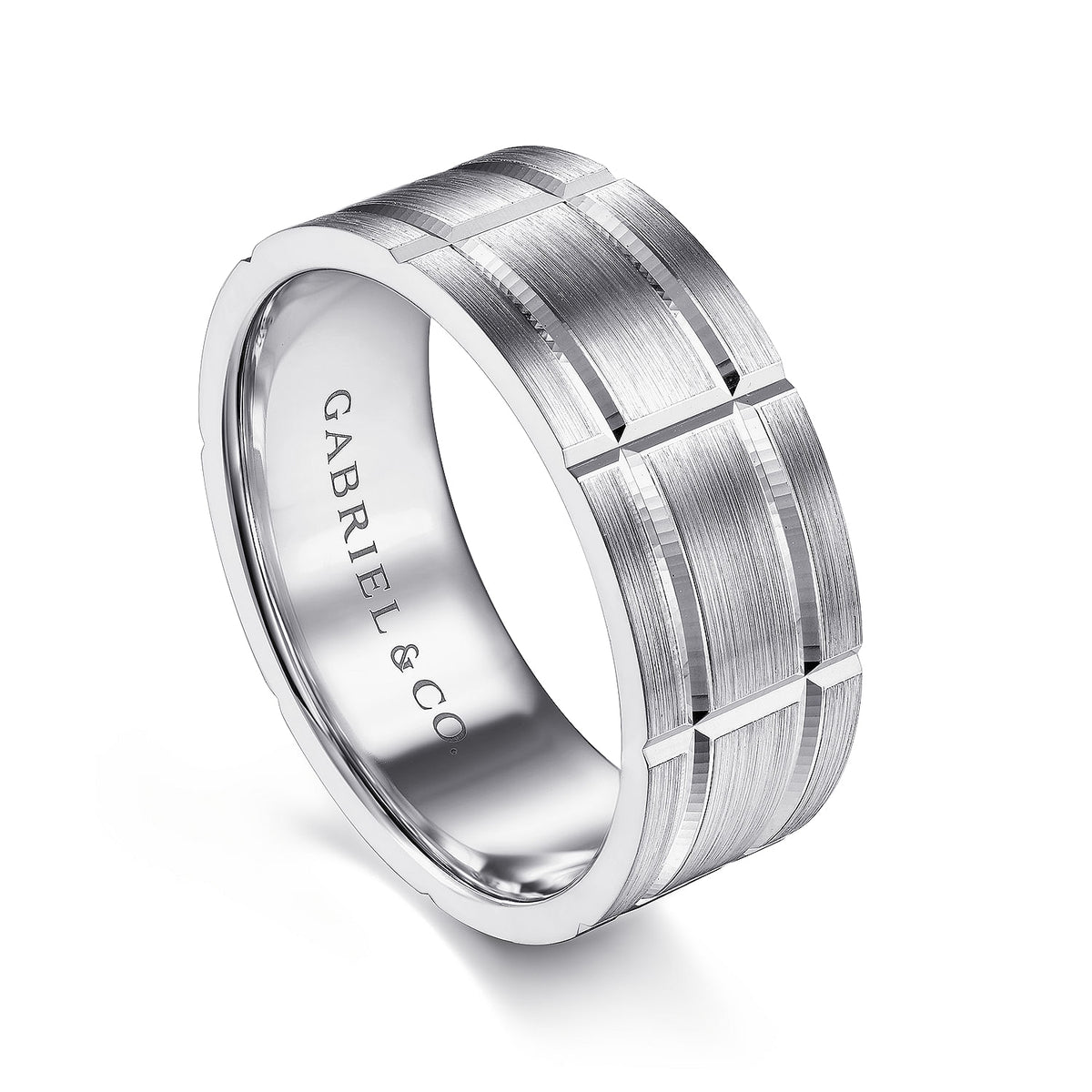 14K White Gold 8mm - Checkered Pattern Men&#39;s Wedding Band in Satin Finish
