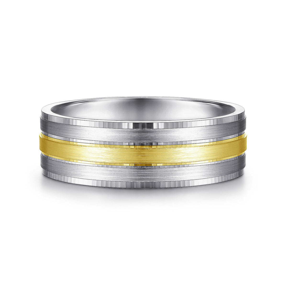 14K White-Yellow Gold 7mm - Three Row Satin Finish Men&#39;s Wedding Band in Two Tone