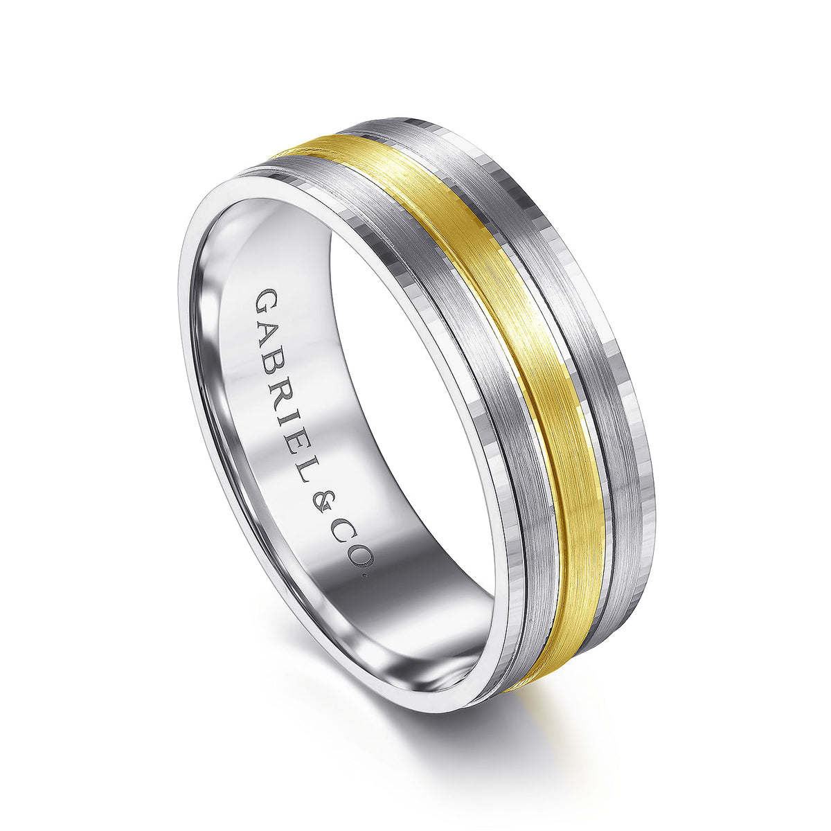 14K White-Yellow Gold 7mm - Three Row Satin Finish Men&#39;s Wedding Band in Two Tone