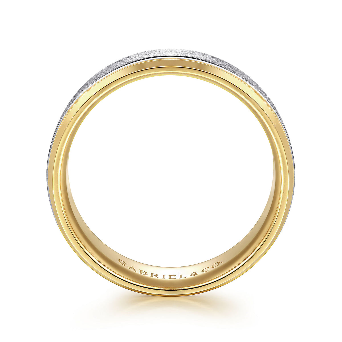 14K White-Yellow Gold 7mm - Beveled Edge Men&#39;s Wedding Band in Horizontal Brush Finish