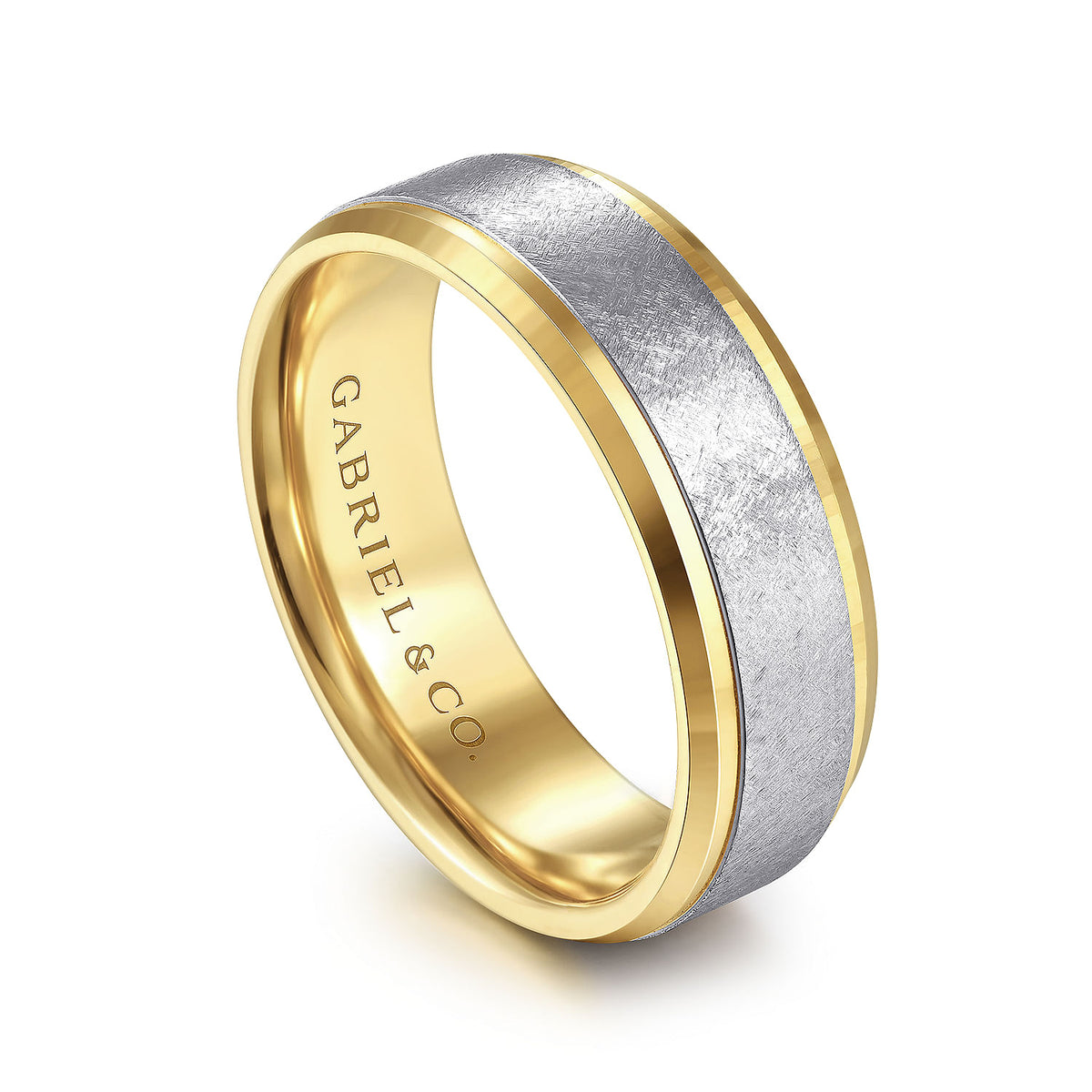 14K White-Yellow Gold 7mm - Beveled Edge Men&#39;s Wedding Band in Horizontal Brush Finish