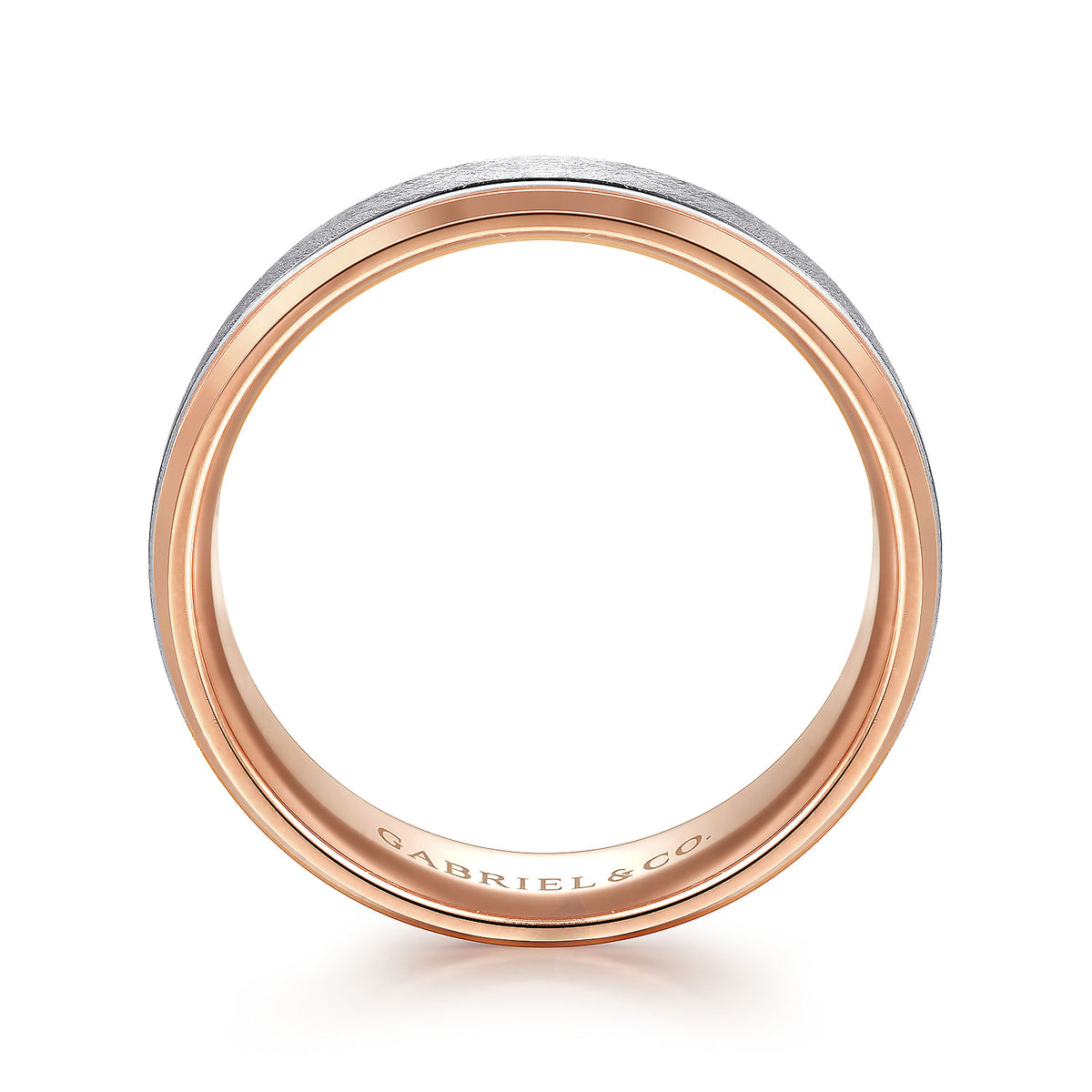 14K White-Rose Gold 7mm - Beveled Edge Men&#39;s Wedding Band in Horizontal Brush Finish