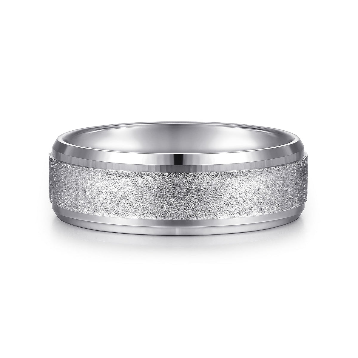 14K White Gold 7mm - Beveled Edge Men&#39;s Wedding Band in Horizontal Brush Finish