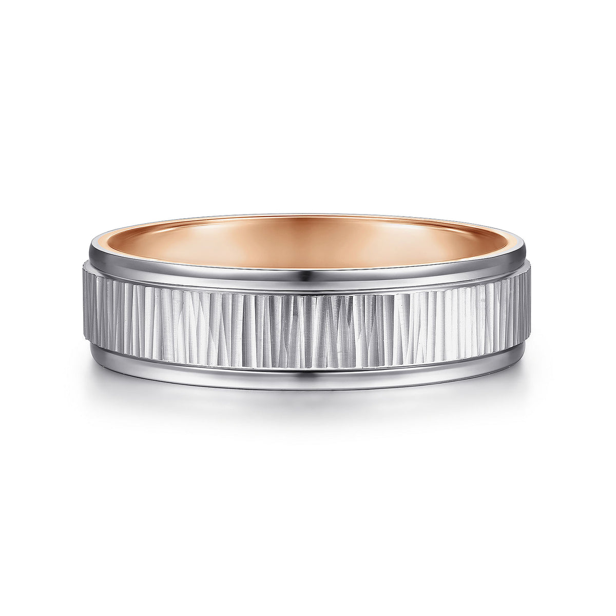 14K White-Rose Gold 6mm - Men&#39;s Wedding Band with Vertical Etching