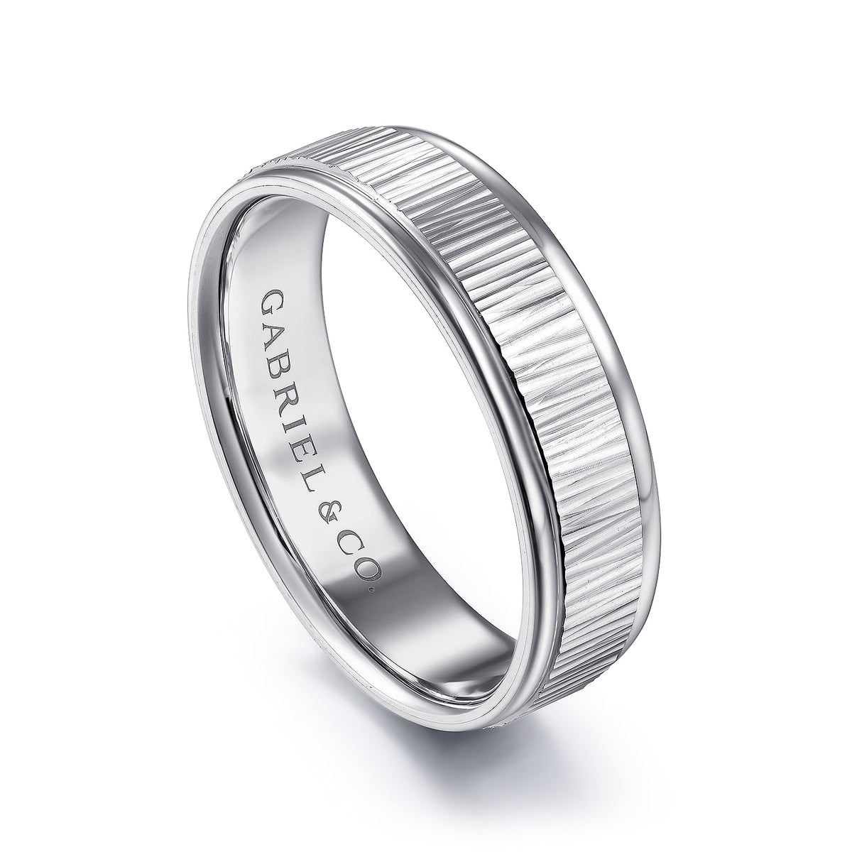 14K White Gold 6mm - Men&#39;s Wedding Band with Vertical Etching
