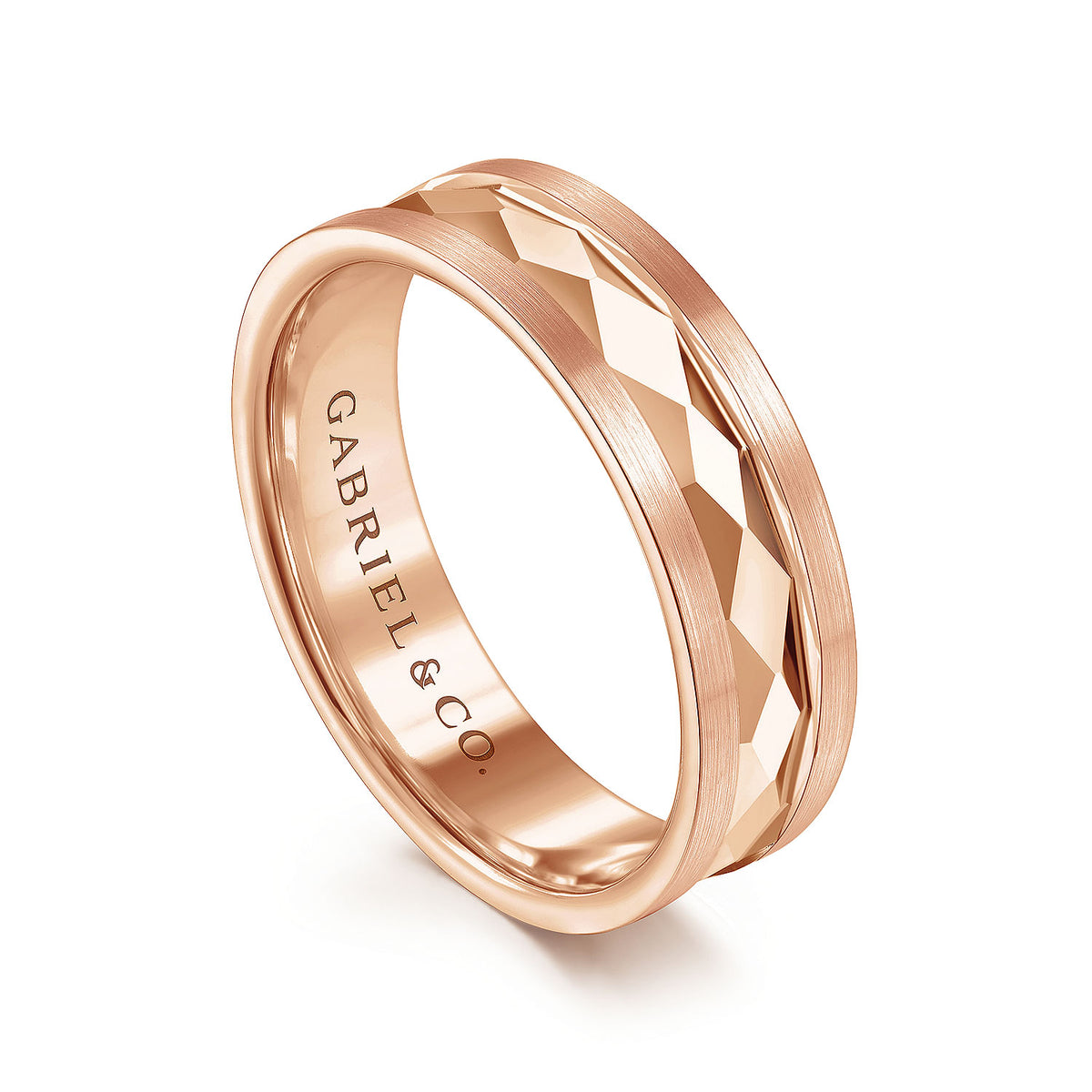 14K Rose Gold 6mm - Diamond Cut Men&#39;s Wedding Band in Satin Finish