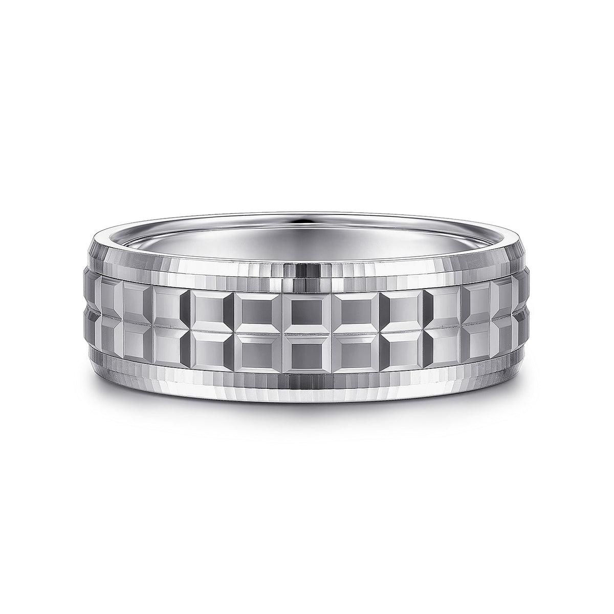 14K White Gold 7mm - Square Inlay Men&#39;s Wedding Band
