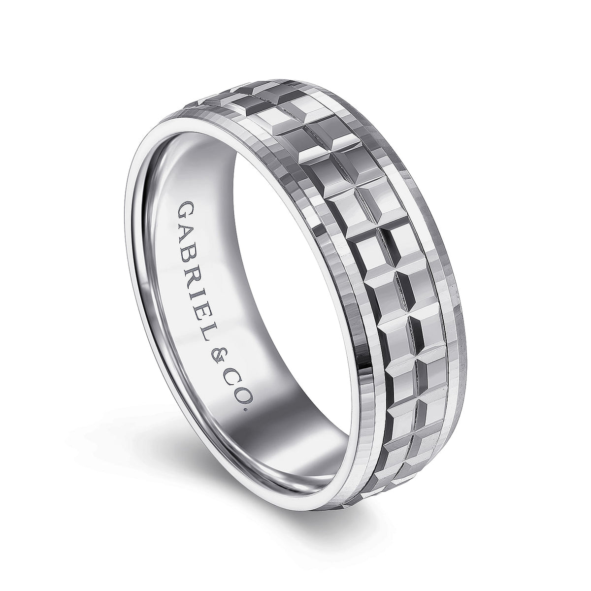 14K White Gold 7mm - Square Inlay Men&#39;s Wedding Band
