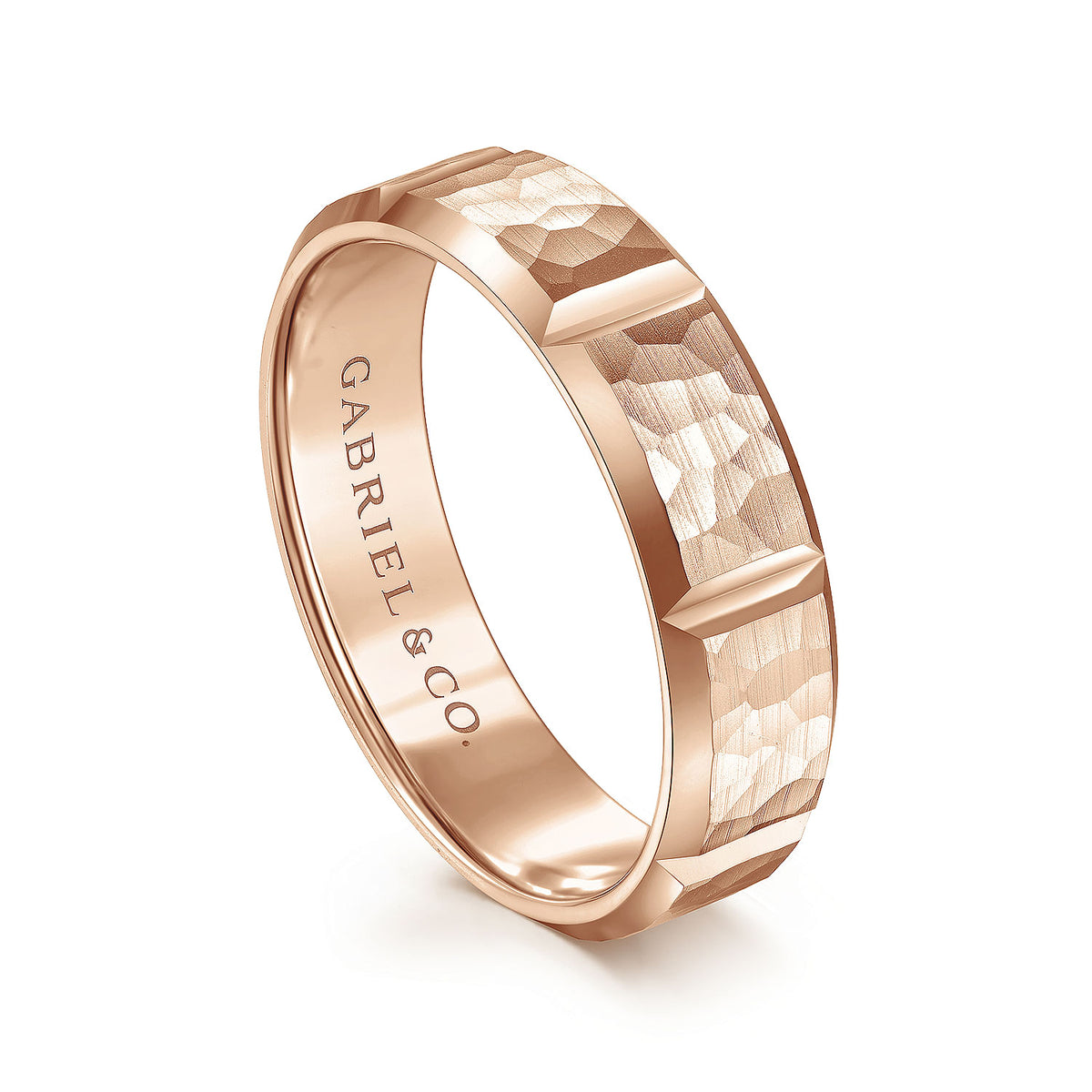 14K Rose Gold 6mm - Men&#39;s Wedding Band with Hammered Stations