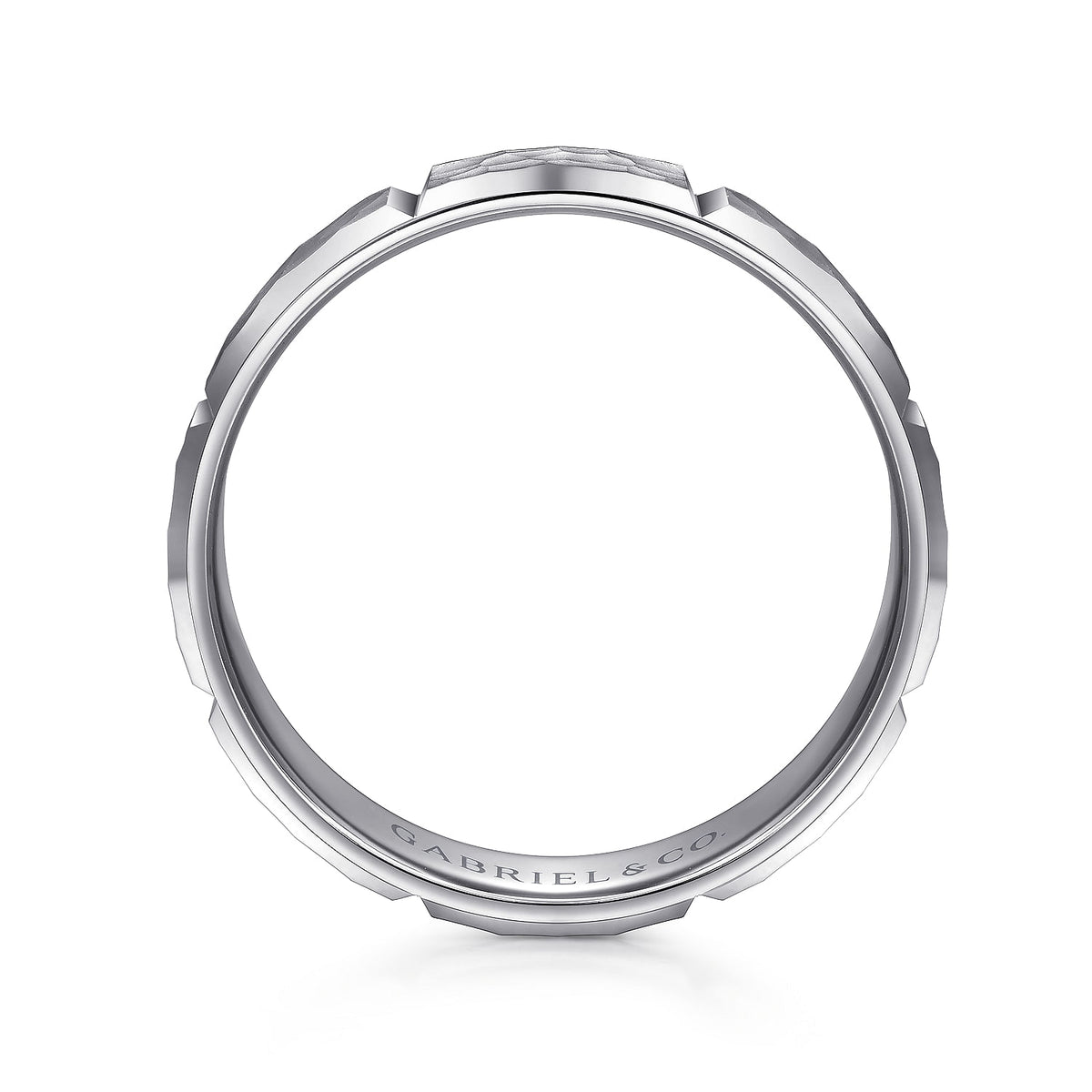 14K White Gold 6mm - Men&#39;s Wedding Band with Hammered Stations