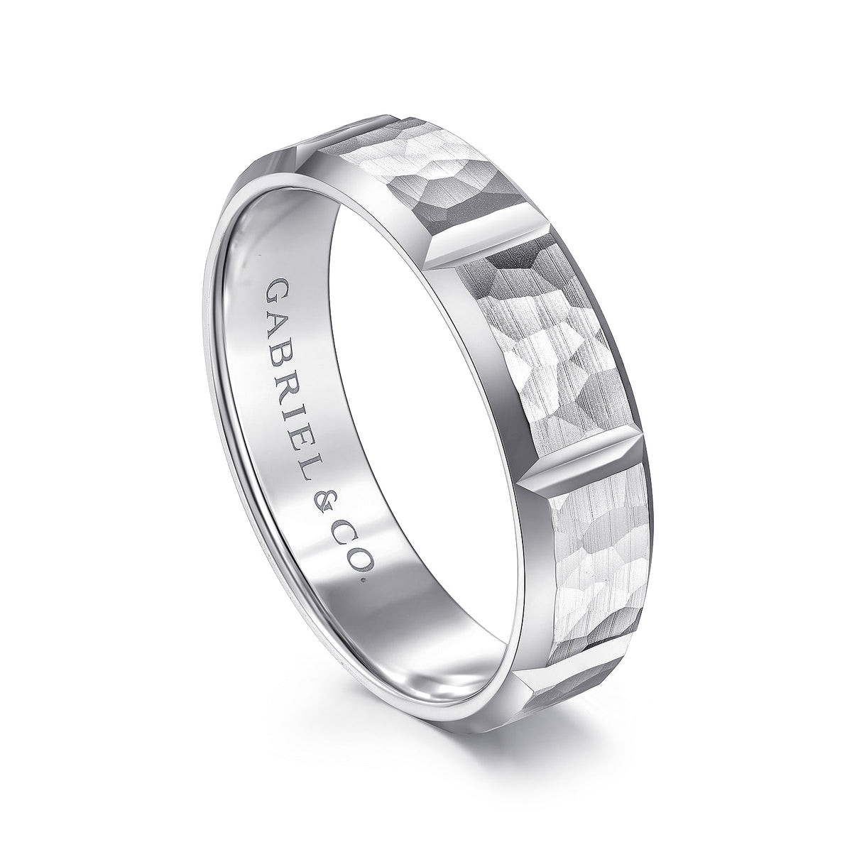 14K White Gold 6mm - Men&#39;s Wedding Band with Hammered Stations