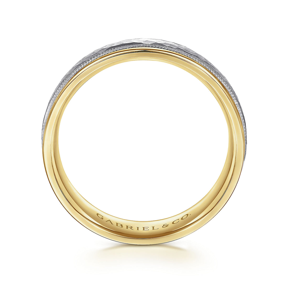 14K White-Yellow Gold 6mm - Two Tone Hammered Men&#39;s Wedding Band with Milgrain Edge