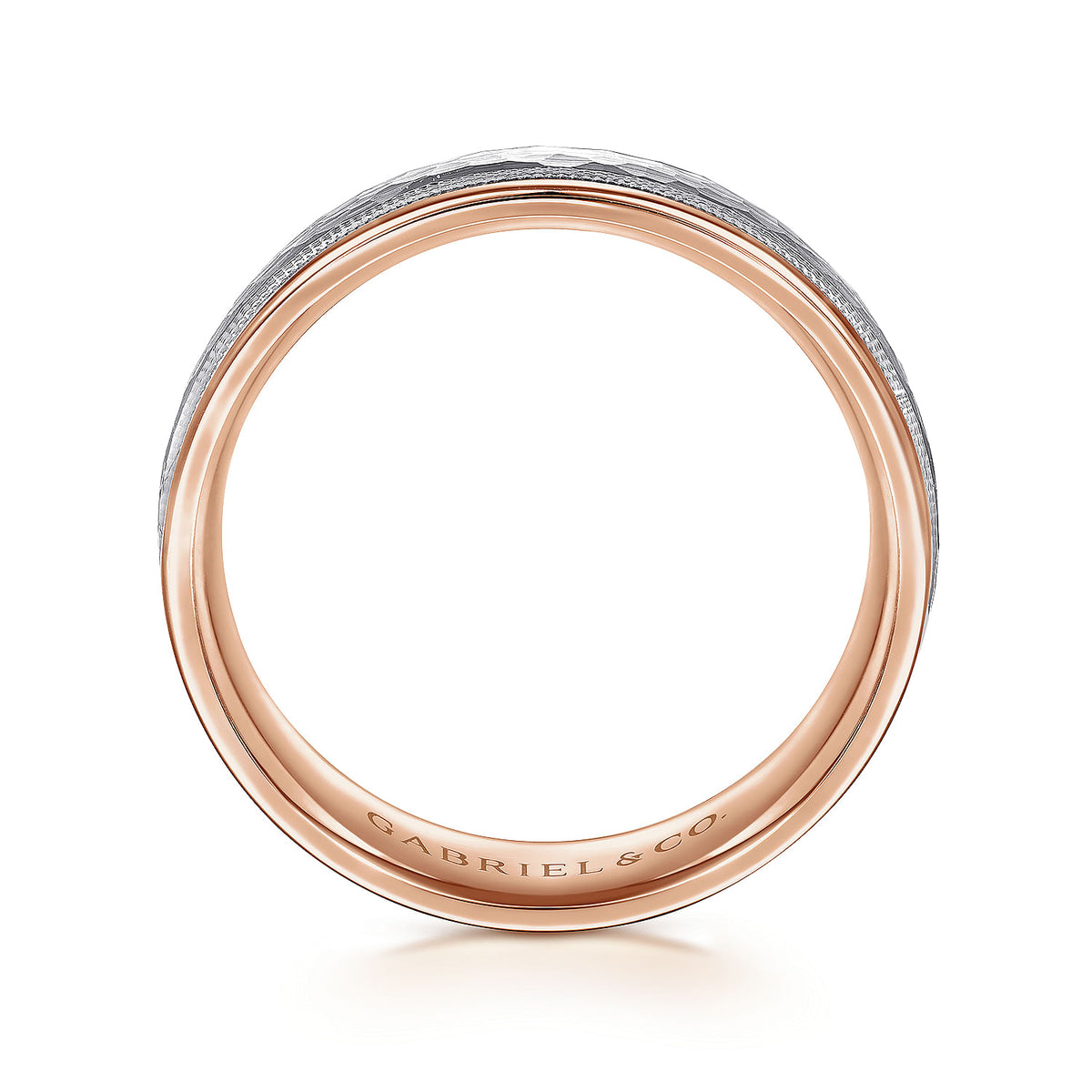 14K White-Rose Gold 6mm - Two Tone Hammered Men&#39;s Wedding Band with Milgrain Edge