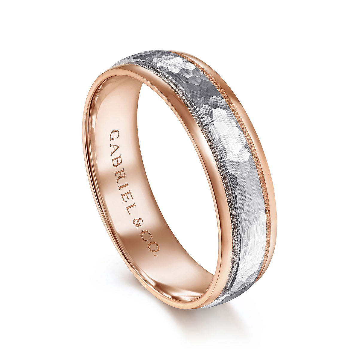 14K White-Rose Gold 6mm - Two Tone Hammered Men&#39;s Wedding Band with Milgrain Edge