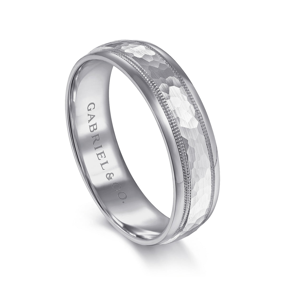 14K White Gold 6mm - Hammered Men&#39;s Wedding Band with Milgrain Edge