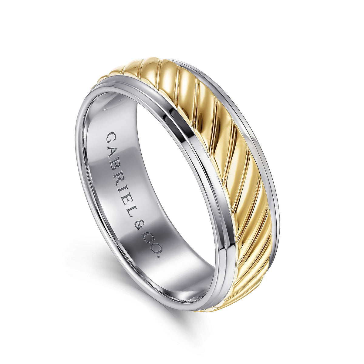 14K White-Yellow Gold 7mm - Rope Center and Polished Edge Men&#39;s Wedding Band in High Polished Finish