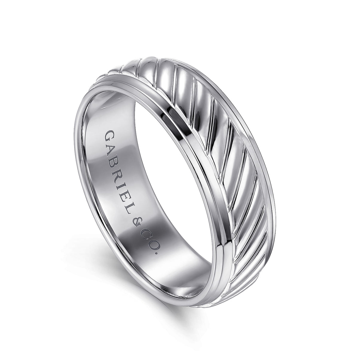 14K White Gold 7mm - Rope Center and Polished Edge Men&#39;s Wedding Band in High Polished Finish