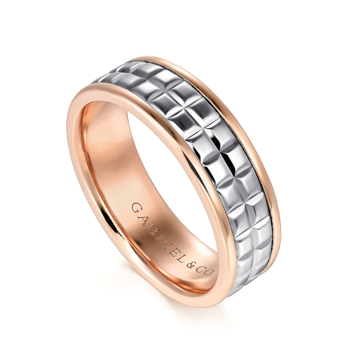 14K White-Rose Gold 7mm - Square Inlay Men&#39;s Two Tone Wedding Band