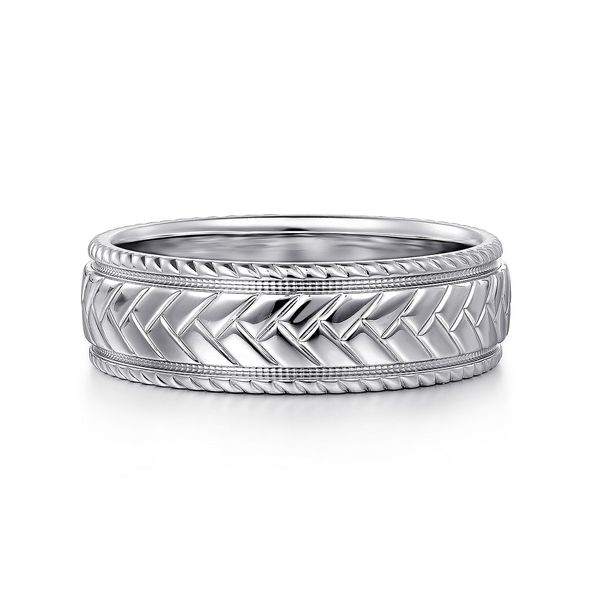 14K White Gold 7mm - Chevron Design Men&#39;s Wedding Band