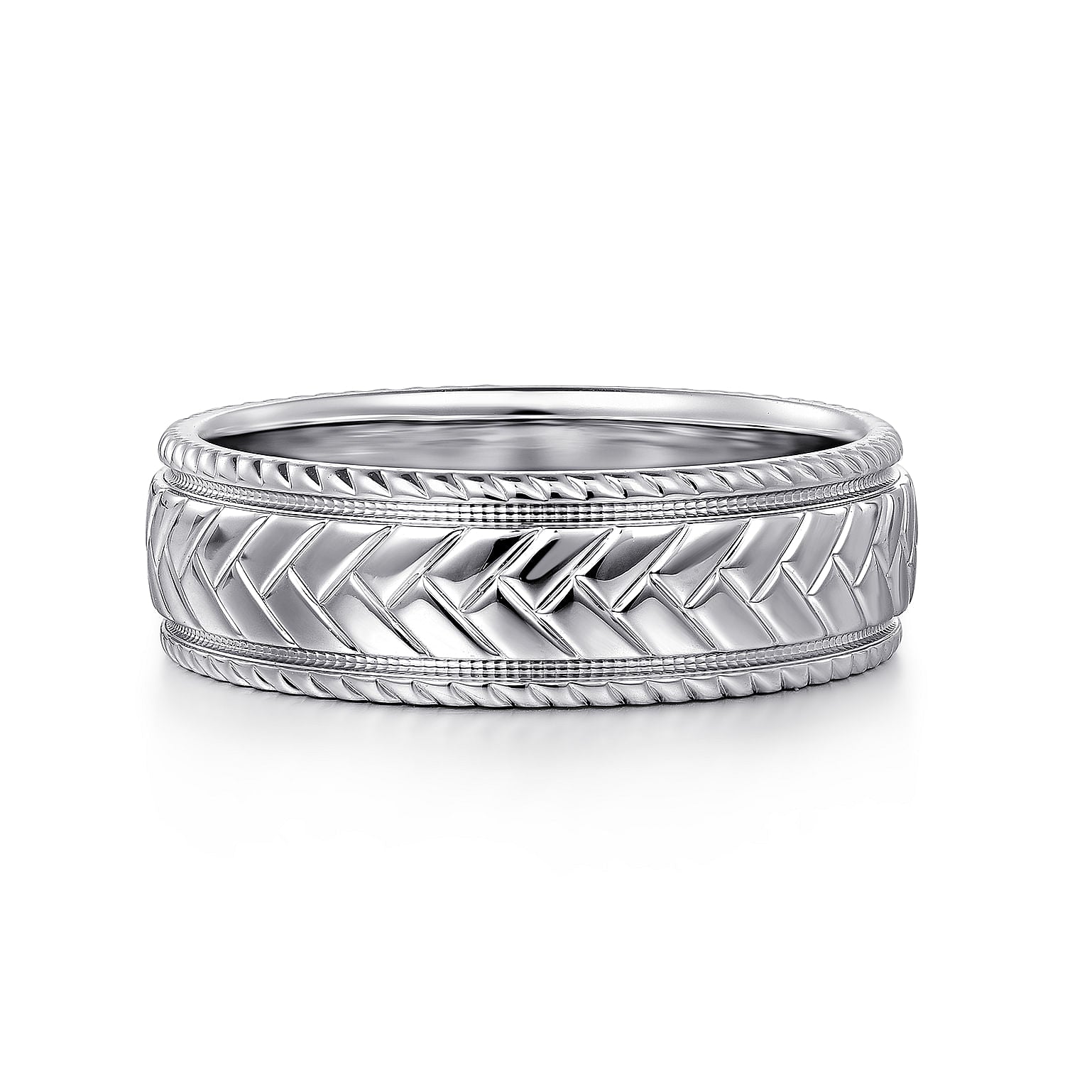 14K White Gold 7mm - Chevron Design Men's Wedding Band