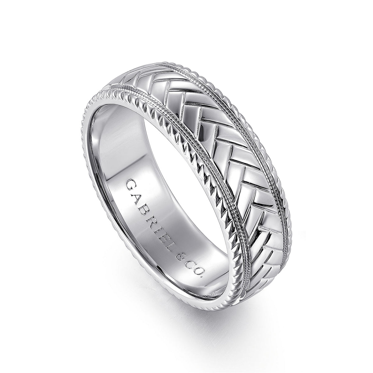 14K White Gold 7mm - Chevron Design Men&#39;s Wedding Band