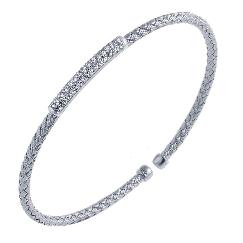 Sterling Silver 3mm Mesh Cuff with CZ, Rhodium Finish