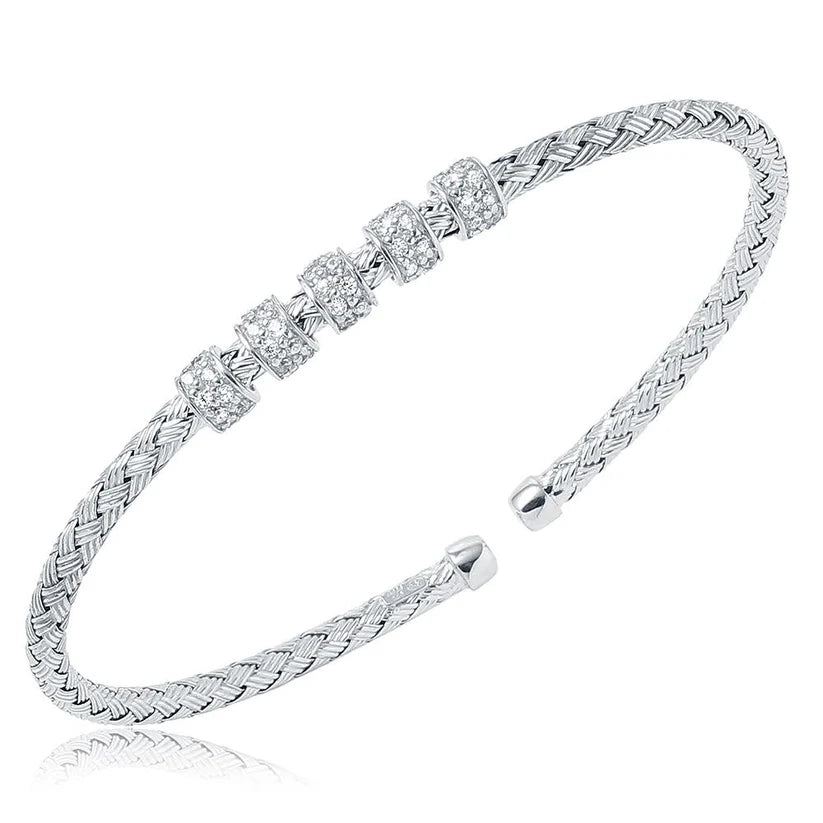 Sterling Silver 3mm Mesh Cuff with CZ, Rhodium Finish