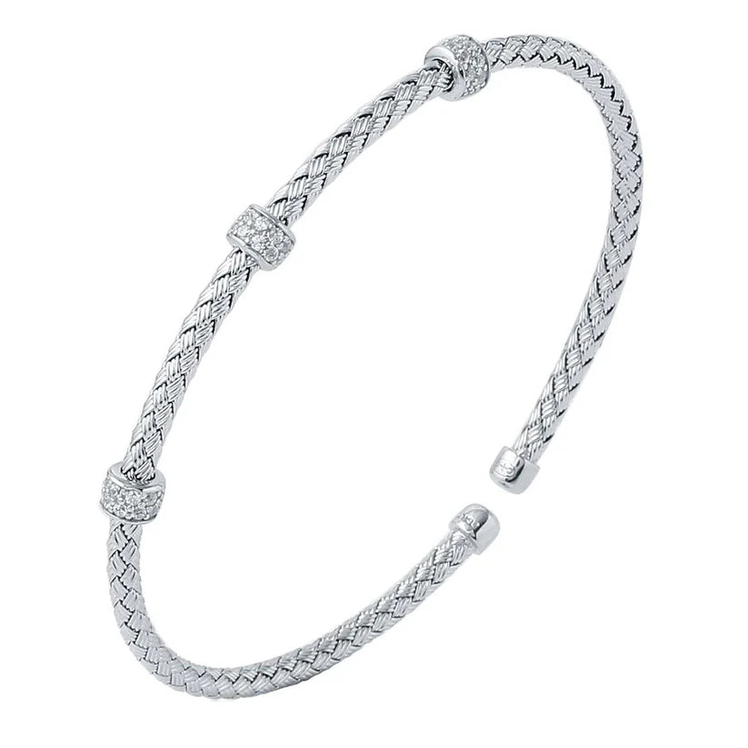 Sterling Silver 3mm Mesh Cuff with CZ, Rhodium Finish